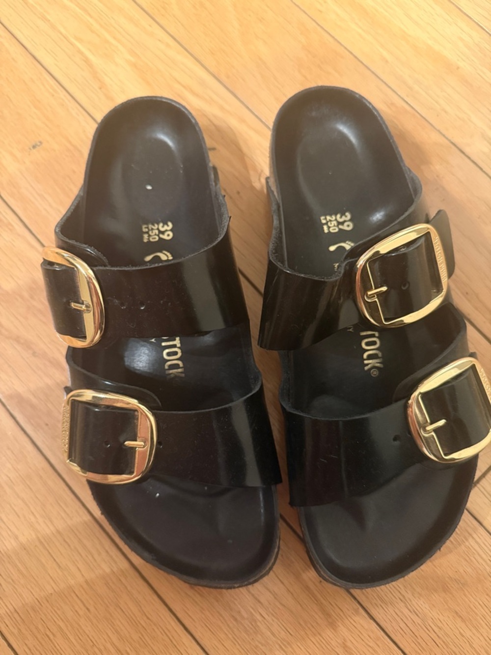 Birkenstock Black Double-Strap Sandals with Gold Buckles